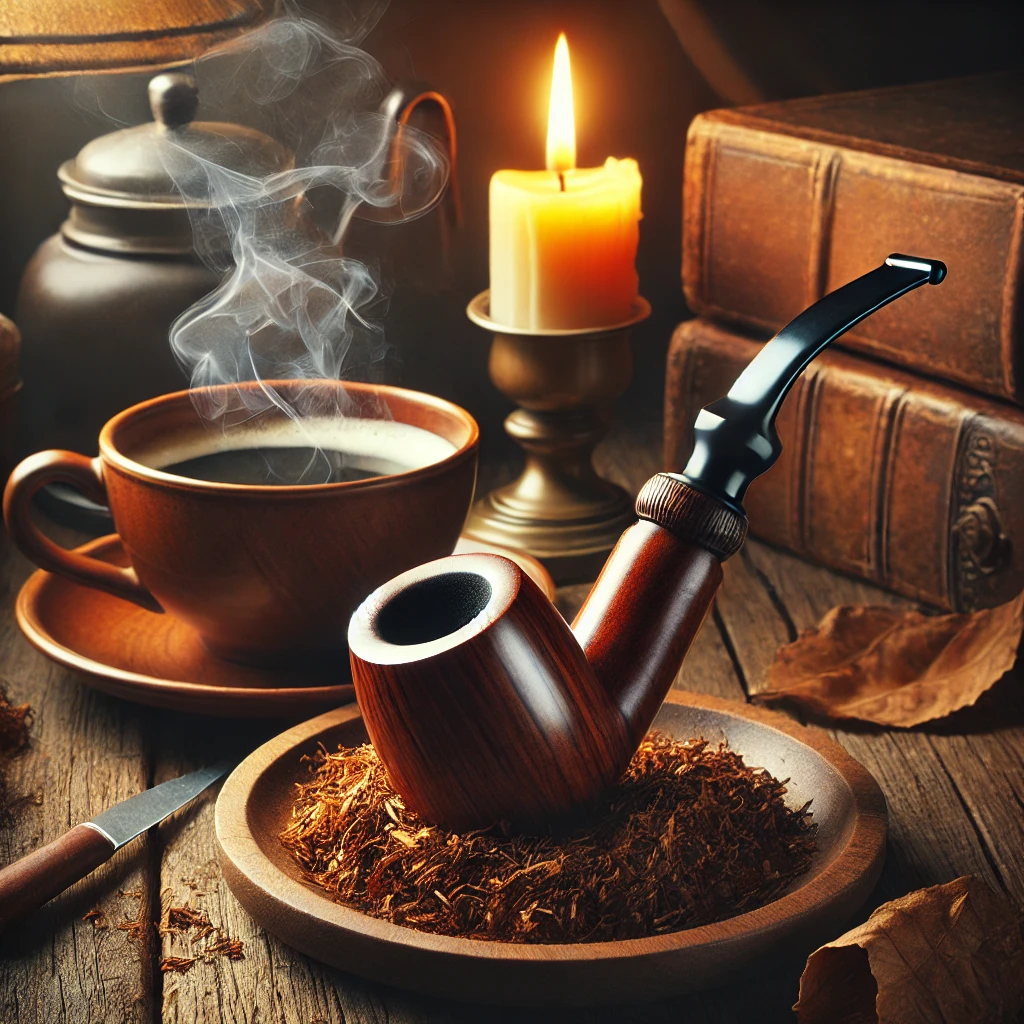 DALL·E 2025-01-30 00.13.06 - A cozy scene depicting a traditional wooden smoking pipe placed elegantly on a wooden table, surrounded by fresh tobacco leaves and a lit candle casti